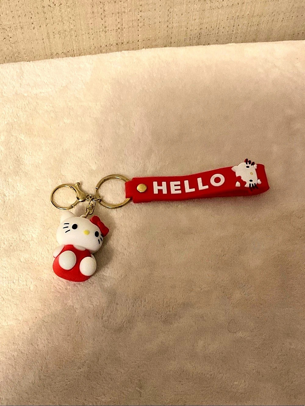 Sanrio Hello Kitty 3D Silicone Keychain with Red Strap Red & White